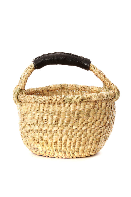Natural Baby Ghanaian Bolga Basket with Black Leather Handle
