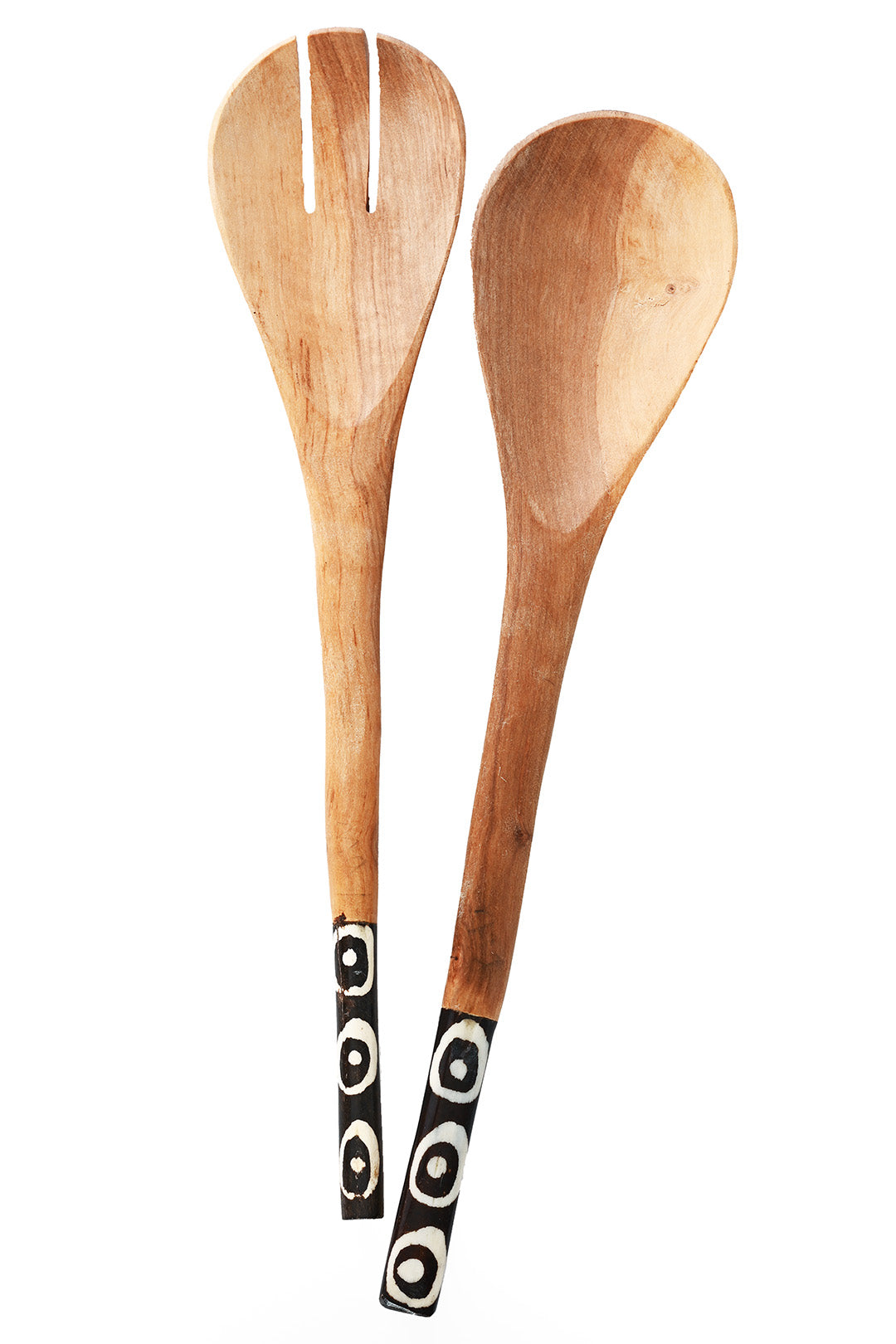 Kenyan Olive Wood Simple Salad Servers with Batik Bone Handles