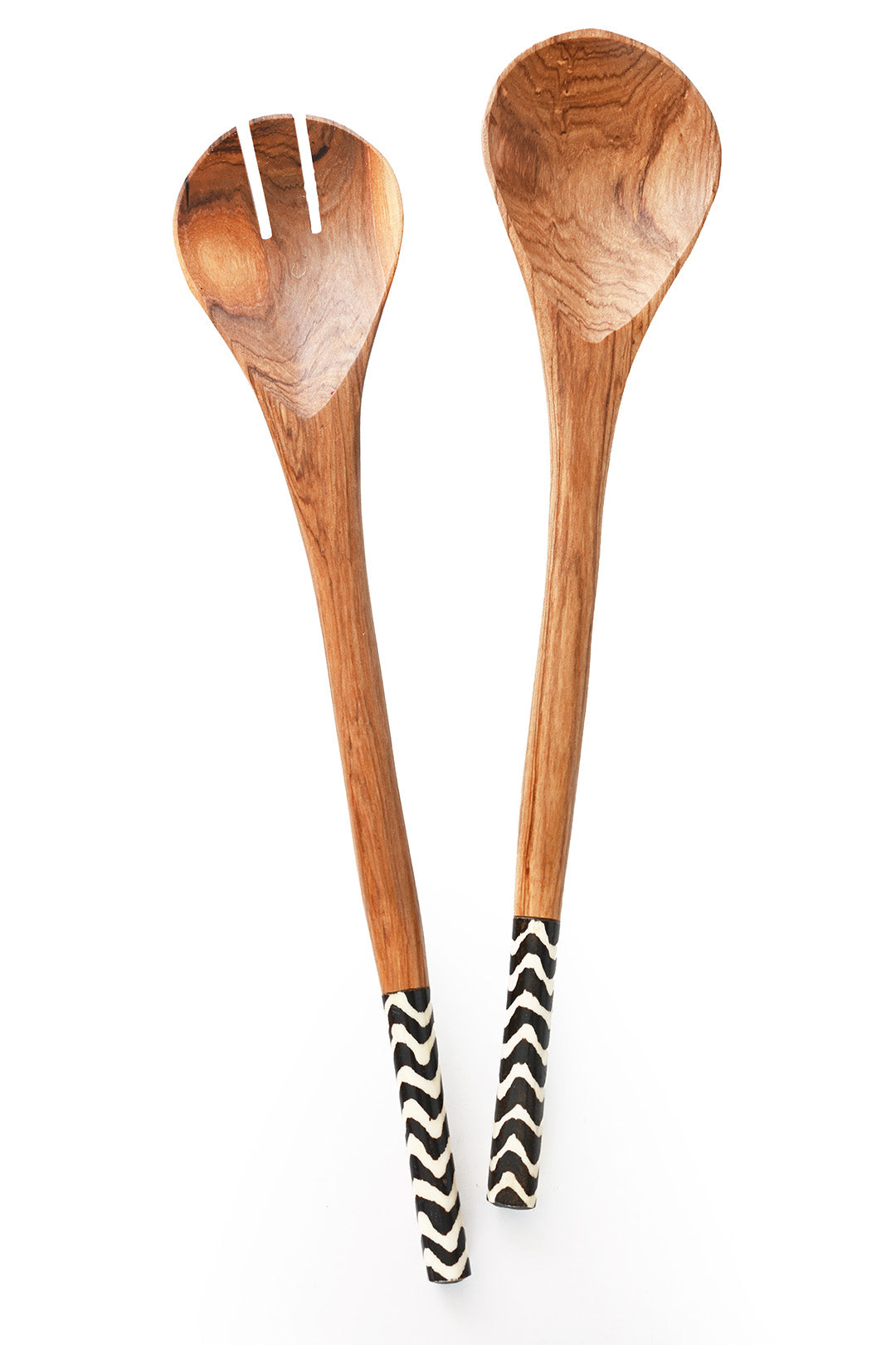 Kenyan Olive Wood Simple Salad Servers with Batik Bone Handles