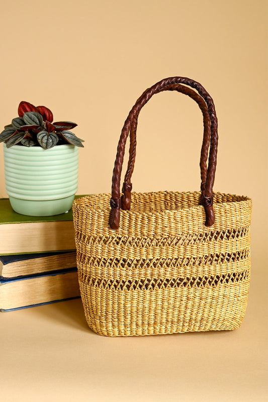 Natural Lace Weave Tote with Chocolate Brown Leather Handles