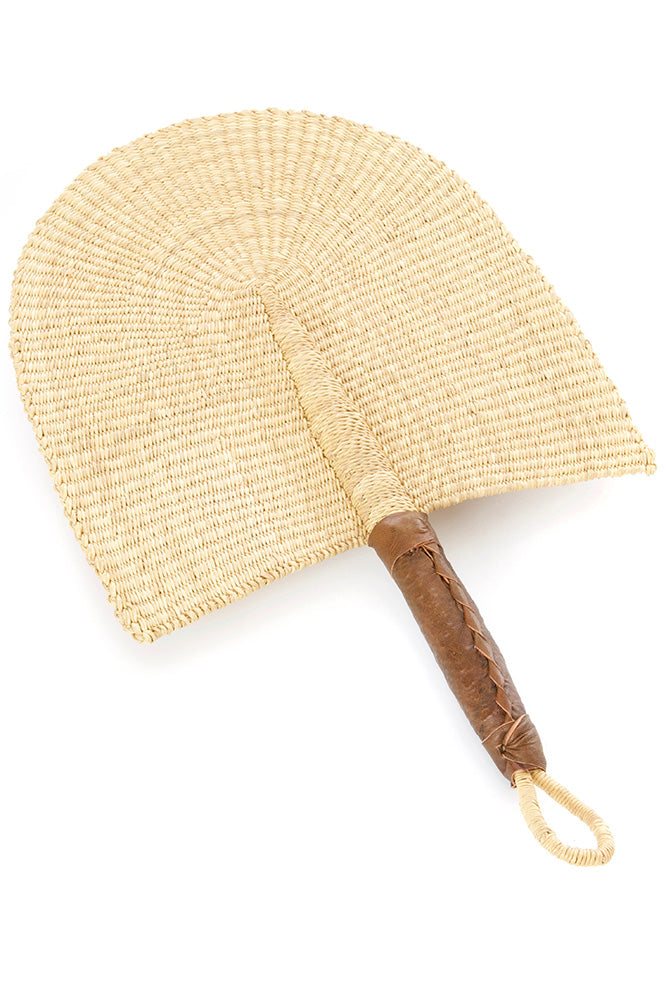 All Natural Elephant Grass African Hand Fan with Leather Handle