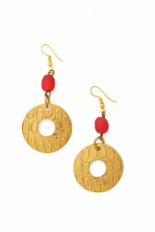 Small Brass Earrings with Red Glass Bead