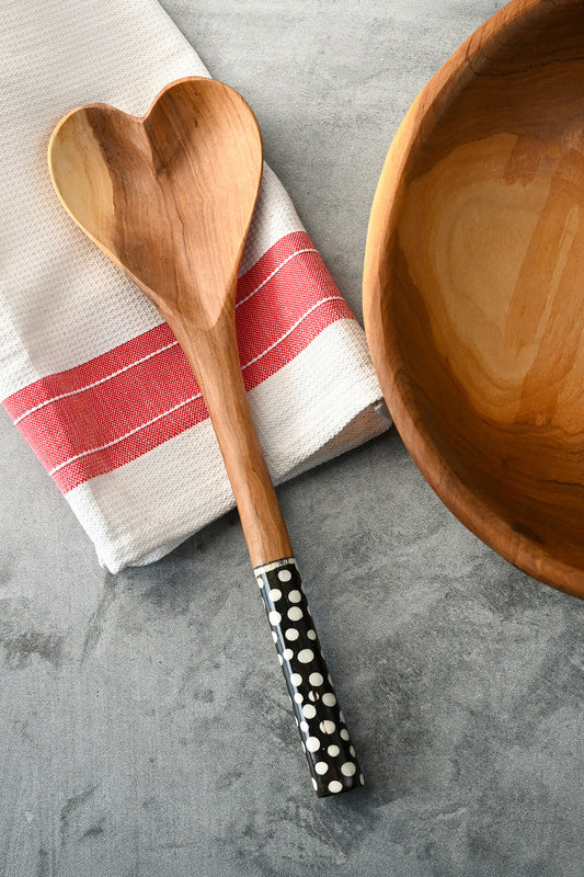 Batik Dot Handle Wild Olive Wood Heart Cooking Spoon