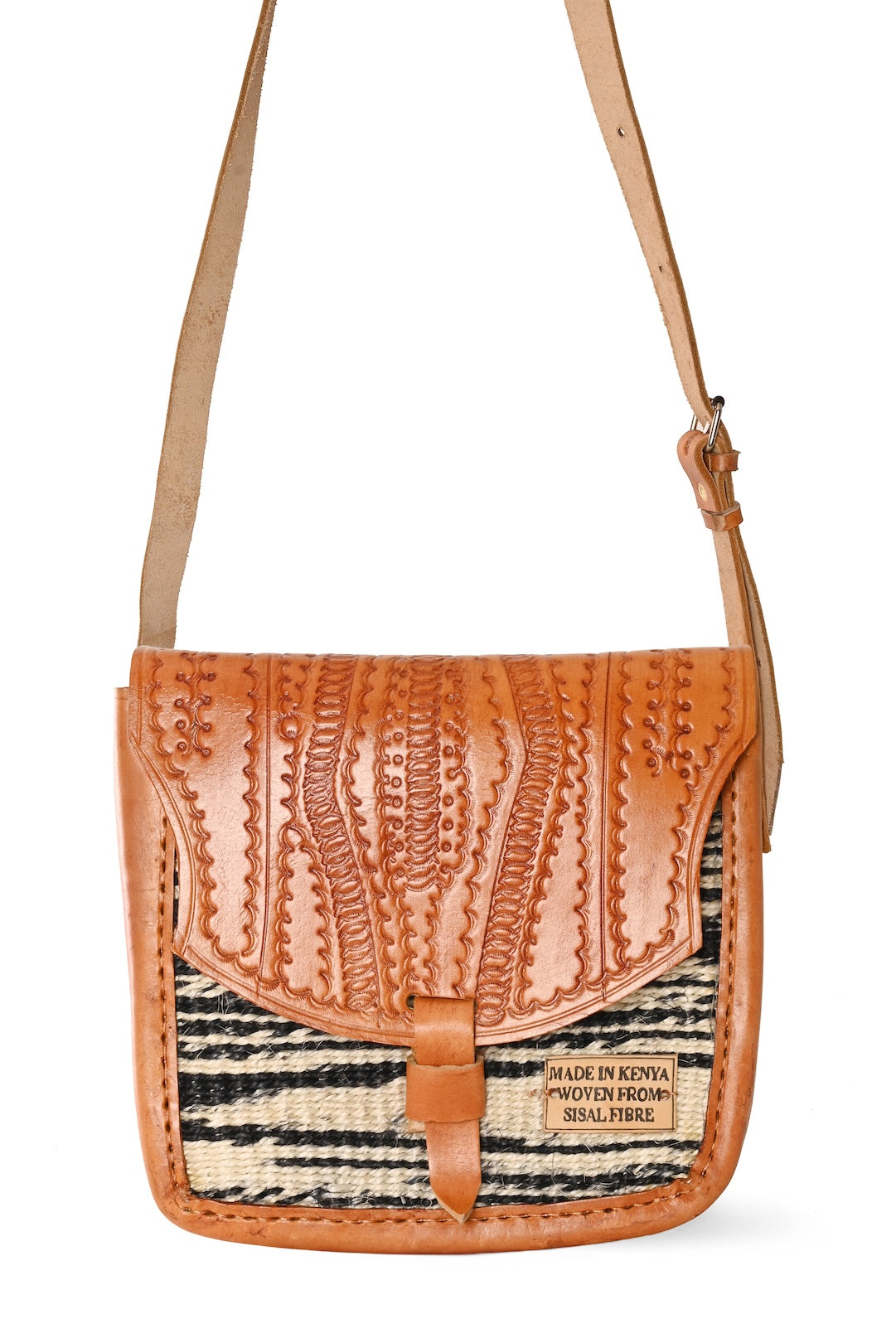 Variegated Sisal and Leather Crossbody Bag with Adjustable Strap