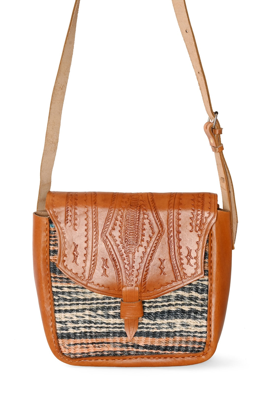 Variegated Sisal and Leather Crossbody Bag with Adjustable Strap