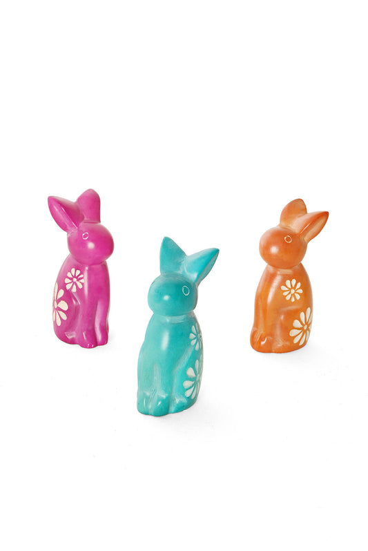Set of Three Colorful Floral Soapstone Bunny Rabbits