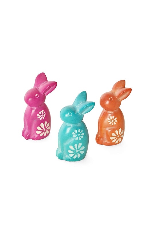 Set of Three Colorful Floral Soapstone Bunny Rabbits