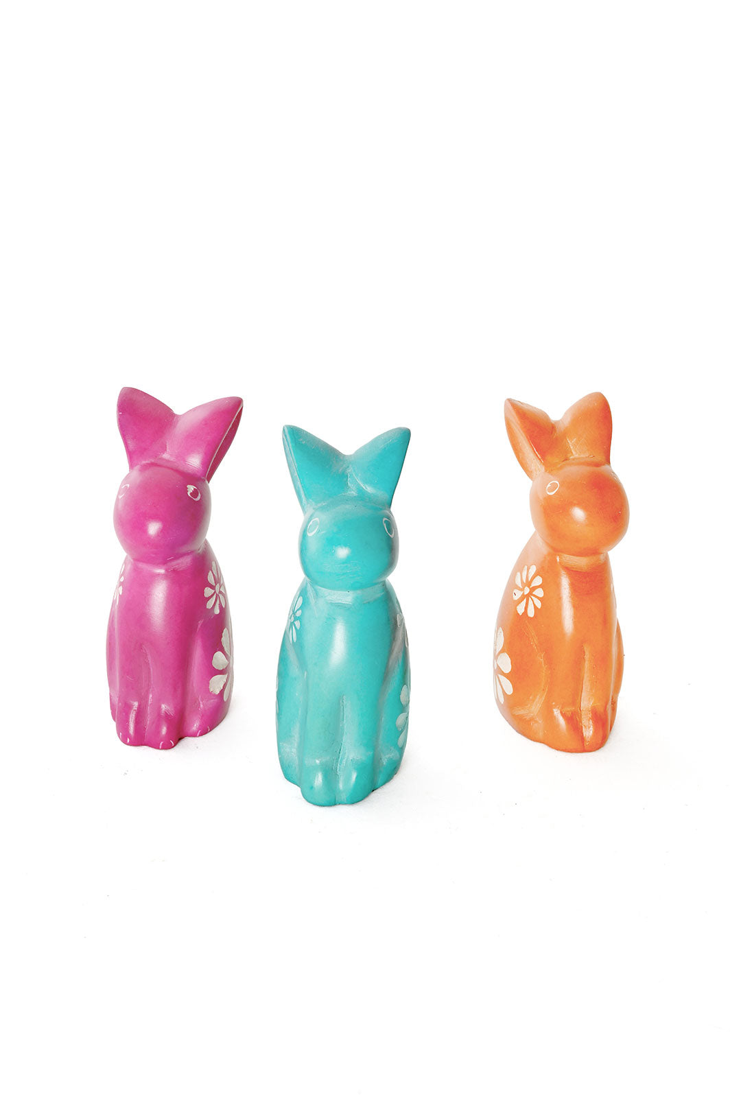 Set of Three Colorful Floral Soapstone Bunny Rabbits