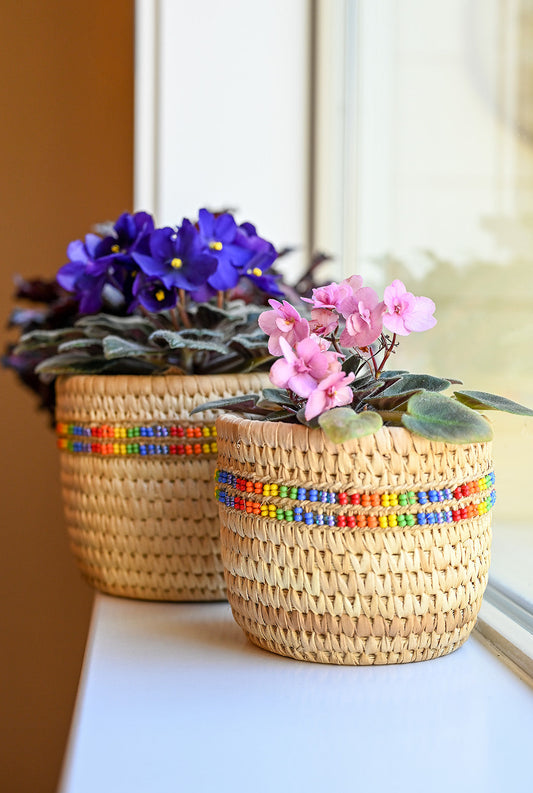 Ngurunit Nomadic Camel Milking Baskets with Rainbow Beaded Stripes