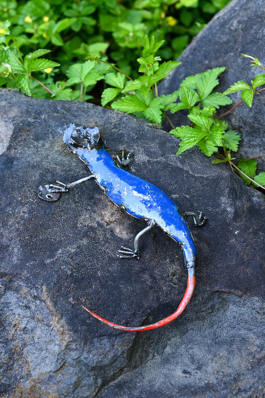 Blue Recycled Metal Salamander Sculpture
