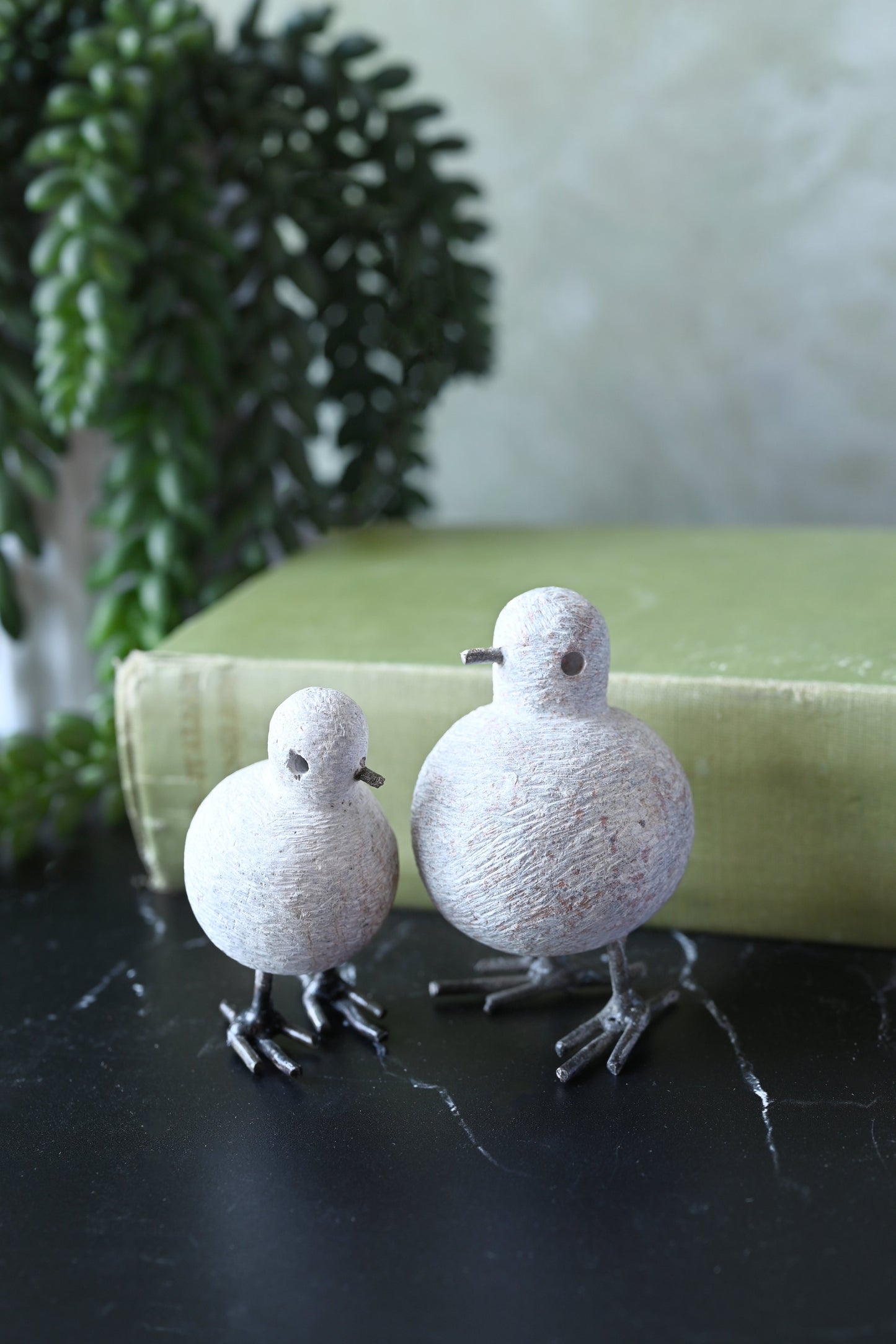 Stone and Recycled Metal Chickadee Bird Sculptures