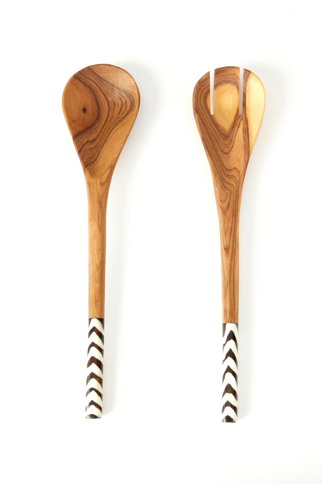 Kenyan Olive Wood Simple Salad Servers with Batik Bone Handles