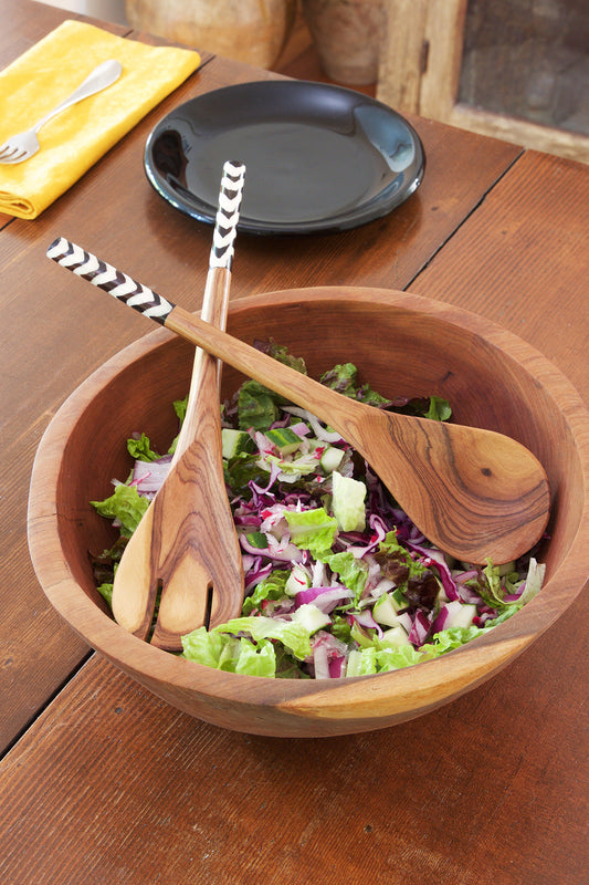 Kenyan Olive Wood Simple Salad Servers with Batik Bone Handles
