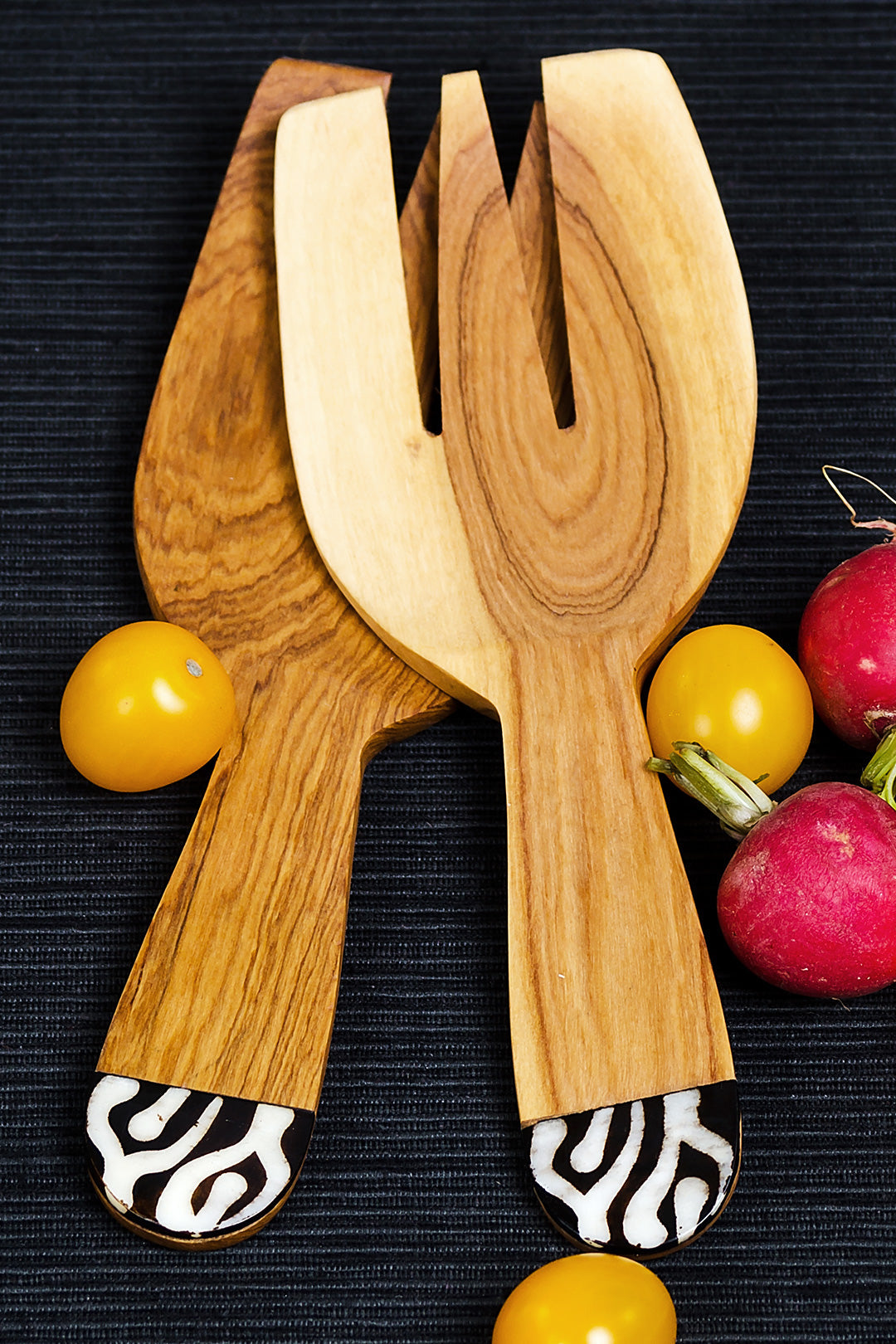 Wild Olive Wood and Dyed Bone Salad Scoops