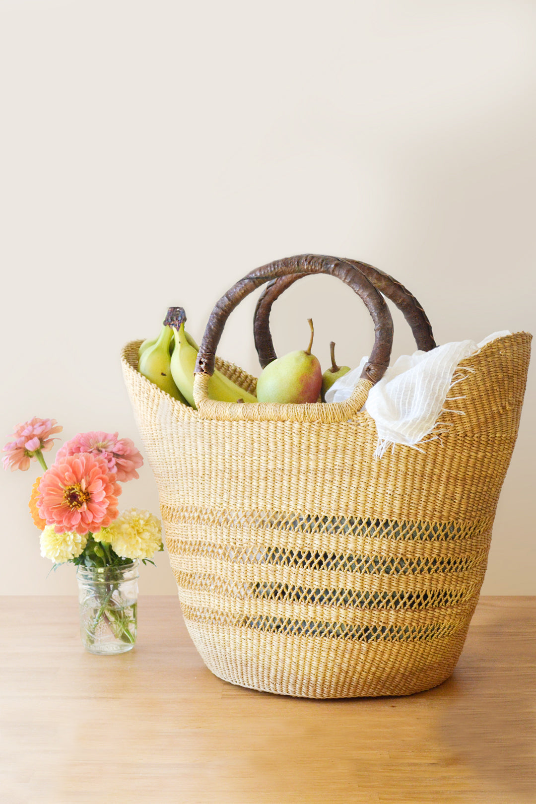 Natural Ghanaian Lacework Wing Shopper with Brown Leather Handles