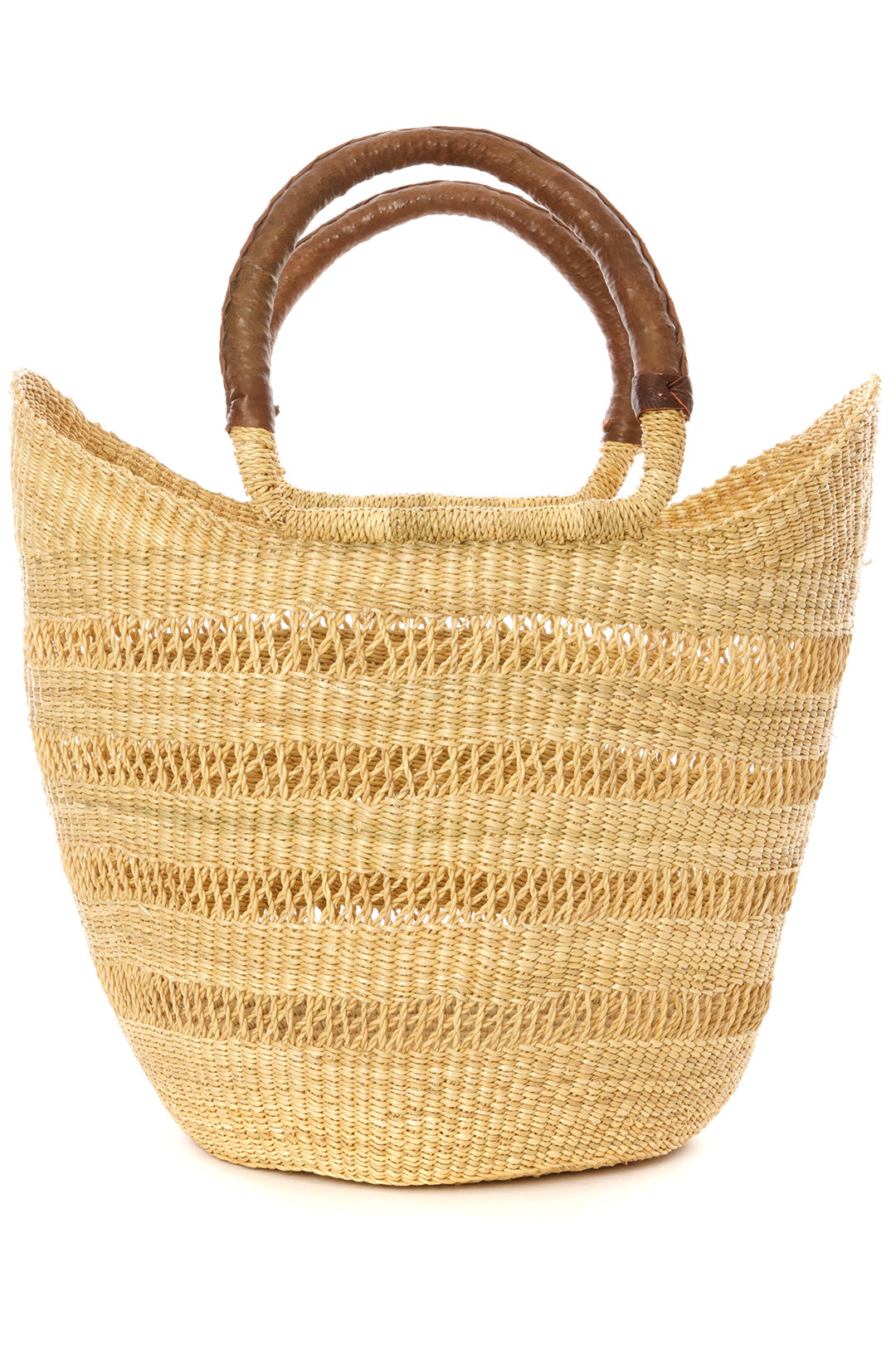 Natural Ghanaian Lacework Wing Shopper with Brown Leather Handles