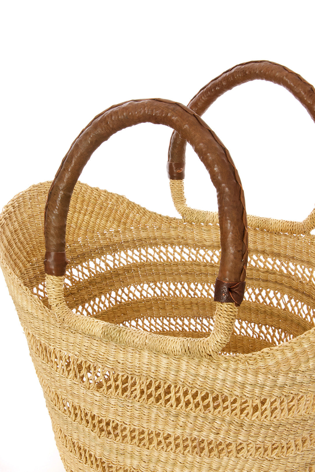 Natural Ghanaian Lacework Wing Shopper with Brown Leather Handles