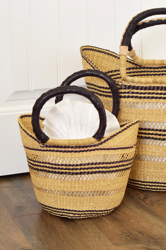 Petite Pinstripe Wing Shopper with Black Leather Handles