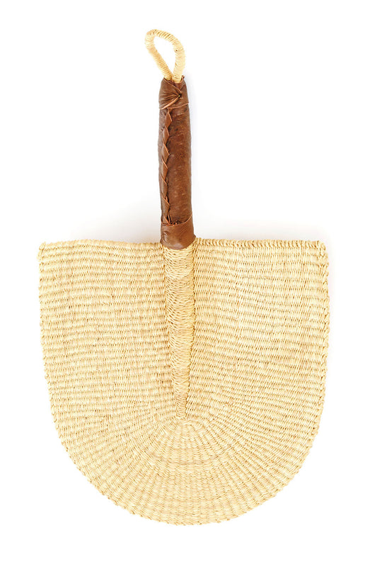 All Natural Elephant Grass African Hand Fan with Leather Handle