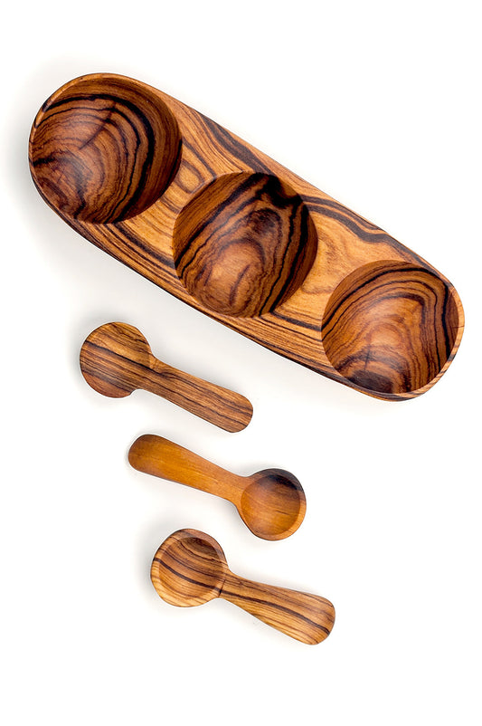 Triple Wild Olive Wood Spice Bowl with Spoons