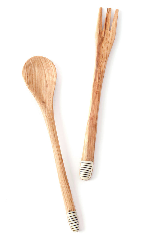Slender Wild Olive Wood Salad Servers with Etched Bone Handles