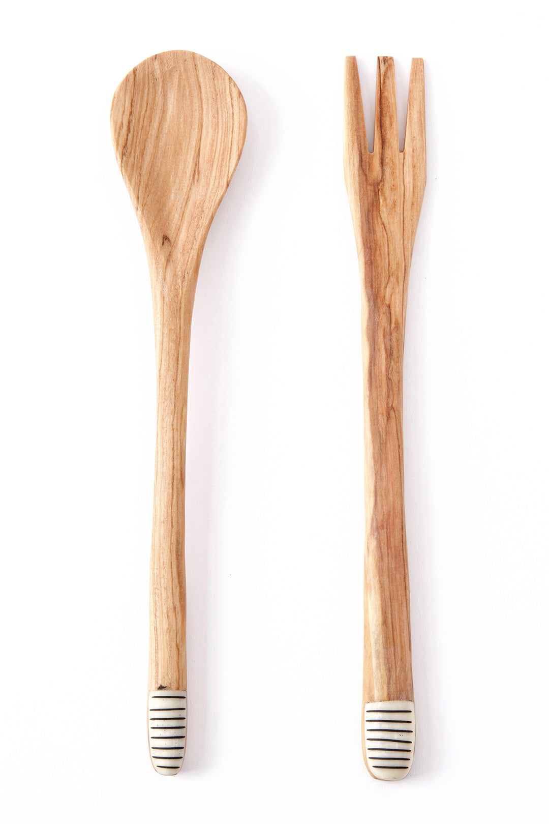 Slender Wild Olive Wood Salad Servers with Etched Bone Handles