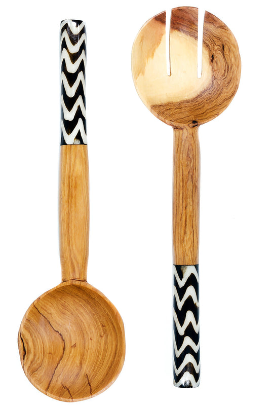 Kenyan Olivewood Salad Servers with Zebra Striped Bone Handles