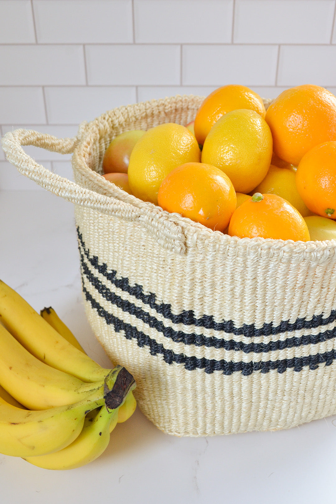 Sisal Storage Basket in White with Black Stripes