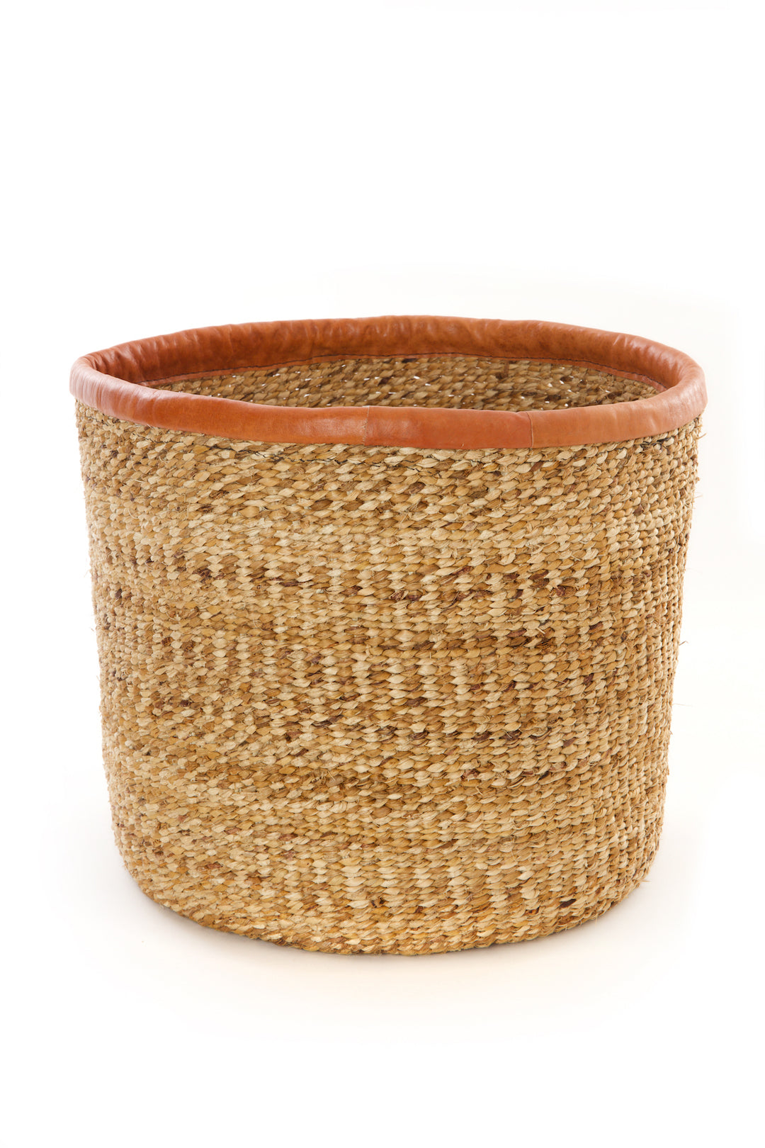 Banana Fiber Bin Basket with Leather Trim