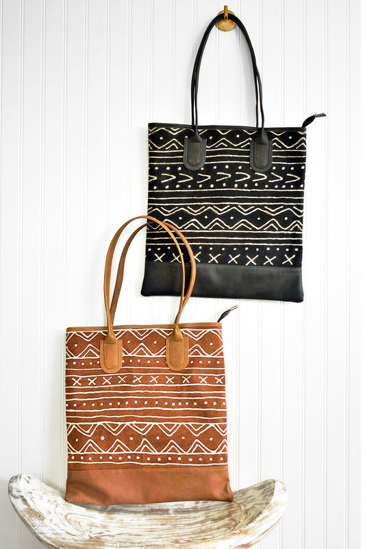 Brown & White Mod Mudcloth & Leather Purse