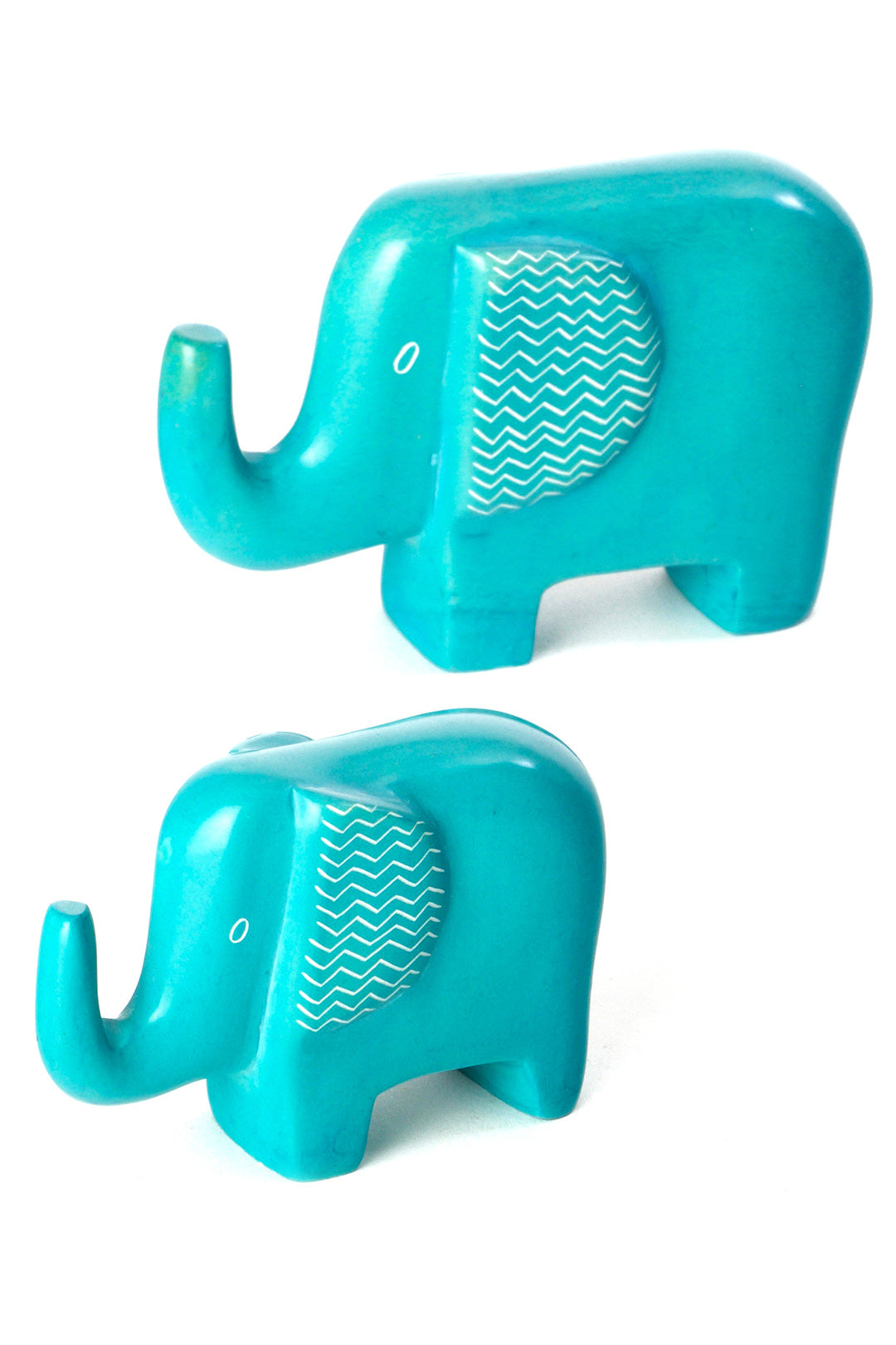 Aqua Blue Bashful Zig-Zag Elephant Soapstone Sculptures