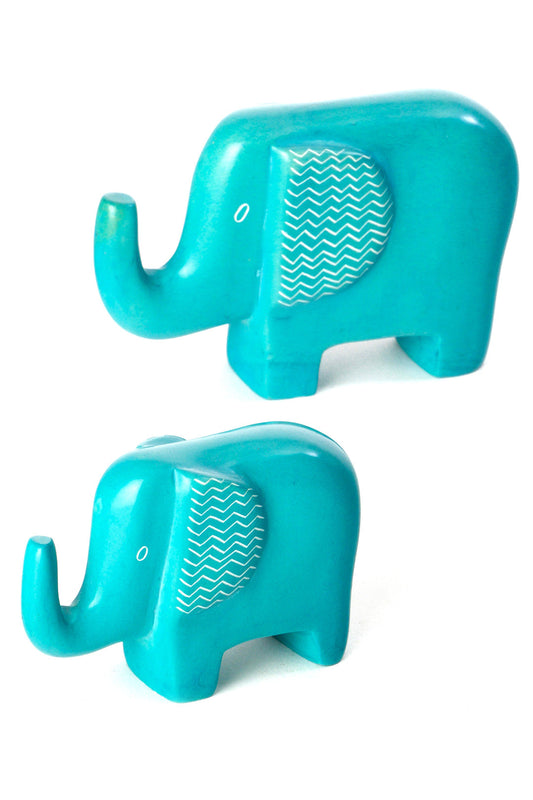 Aqua Blue Bashful Zig-Zag Elephant Soapstone Sculptures