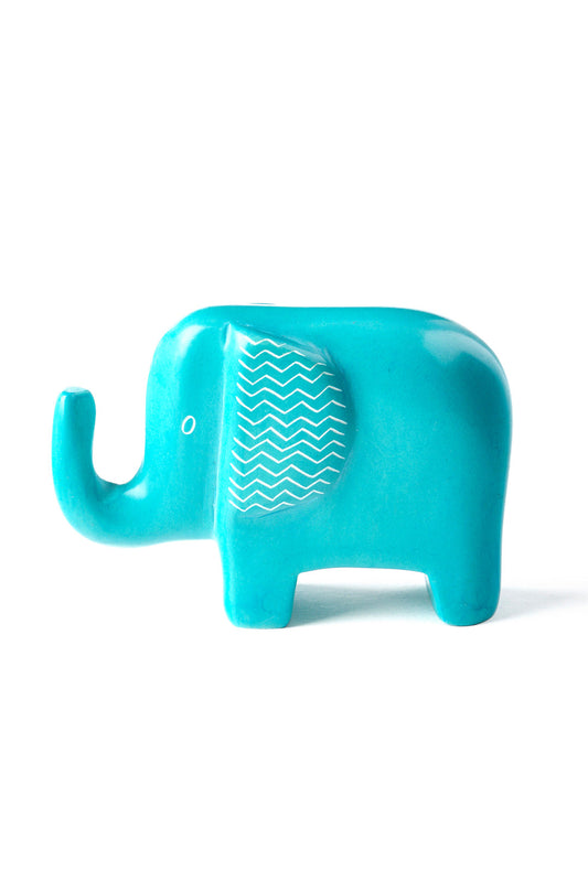 Aqua Blue Bashful Zig-Zag Elephant Soapstone Sculptures