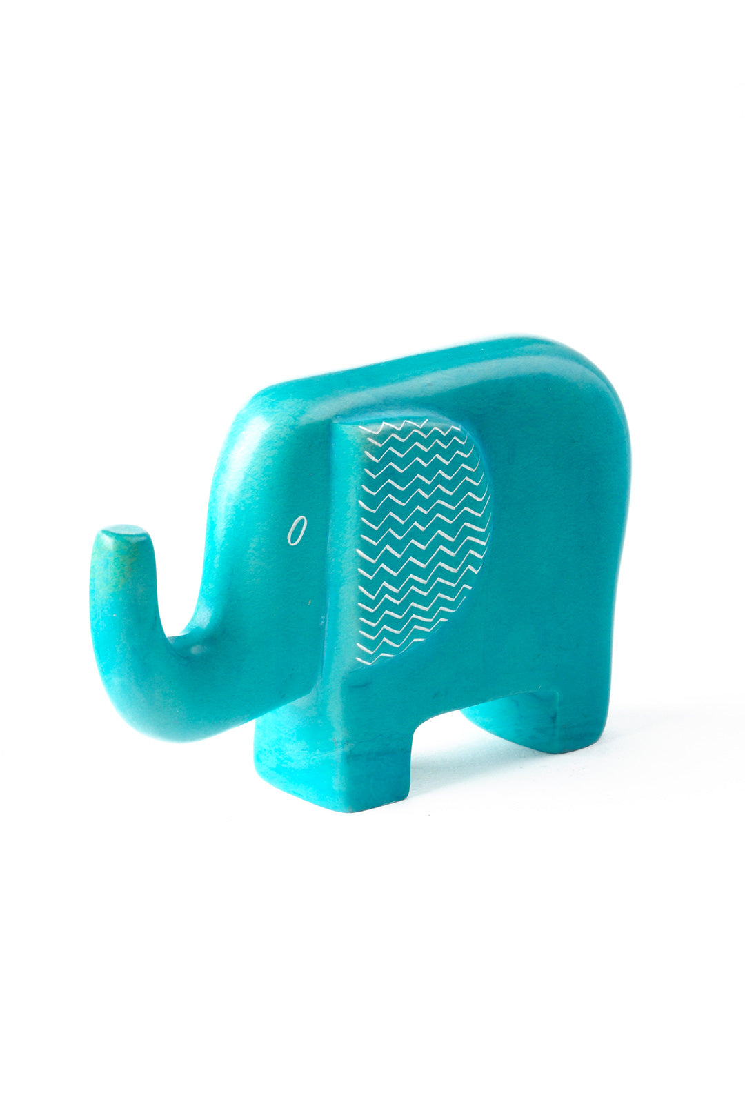 Aqua Blue Bashful Zig-Zag Elephant Soapstone Sculptures