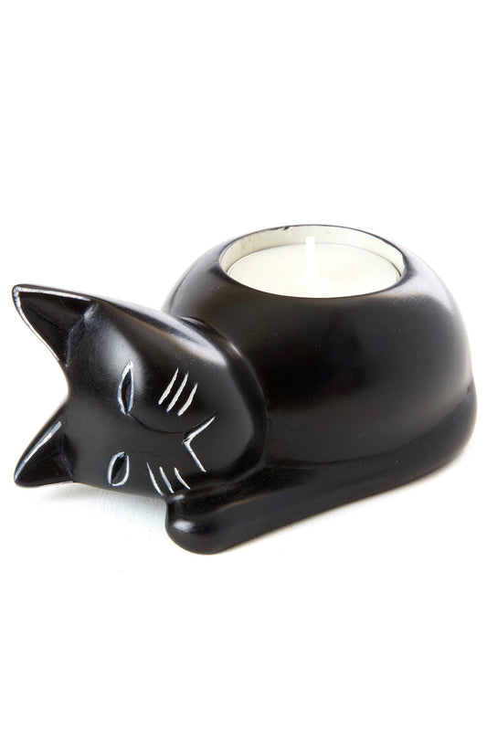 Black Soapstone Cozy Cat Tea Light Candle Holder