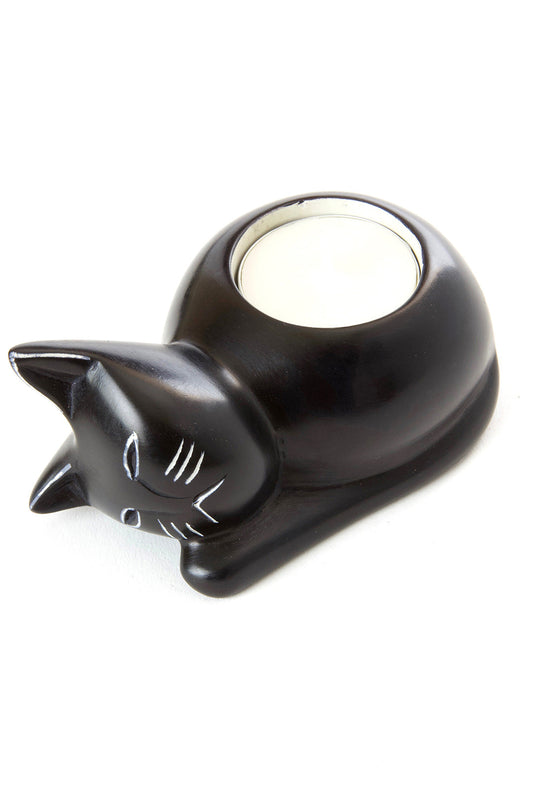 Black Soapstone Cozy Cat Tea Light Candle Holder
