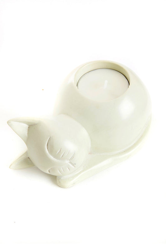 Natural Soapstone Cozy Cat Tea Light Candle Holder