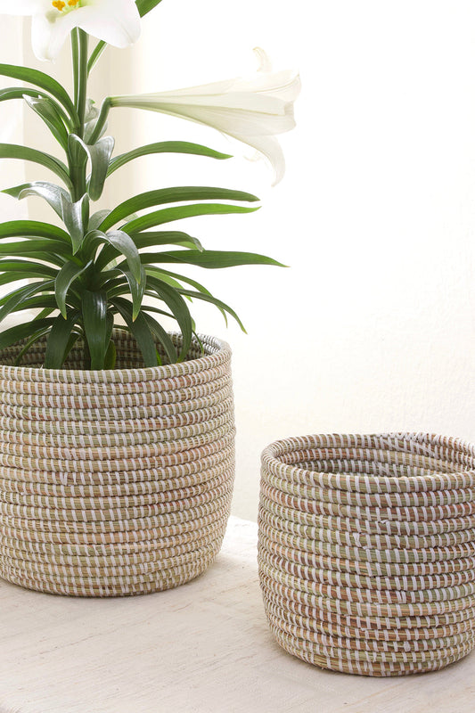 Set of Two Solid White Floral Baskets