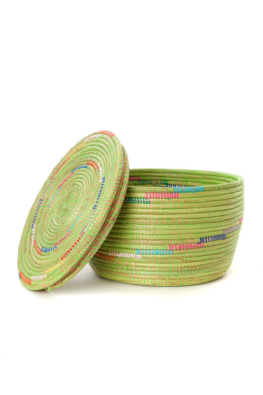 Green Flat Top Storage Basket with Rainbow Spiral