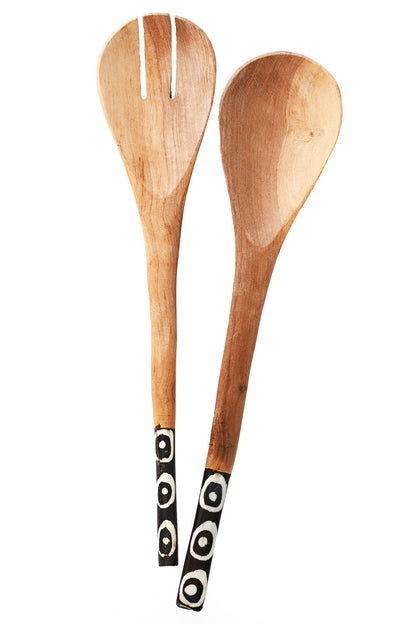 Kenyan Olive Wood Simple Salad Servers with Batik Bone Handles
