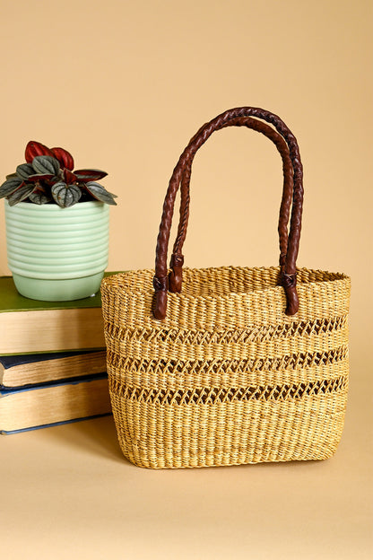 Natural Lace Weave Tote with Chocolate Brown Leather Handles