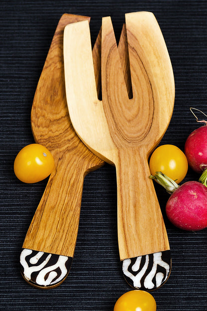 Wild Olive Wood and Dyed Bone Salad Scoops