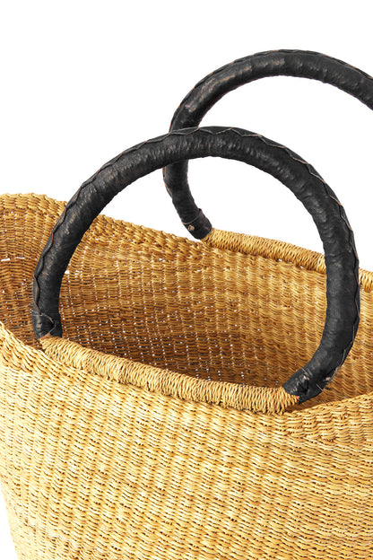 Natural Ghanaian Wing Shopper with Black Leather Handles