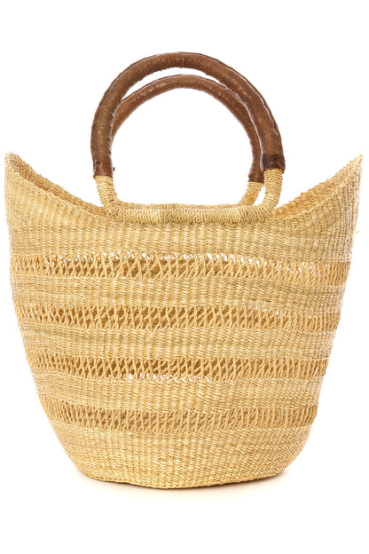 Natural Ghanaian Lacework Wing Shopper with Brown Leather Handles