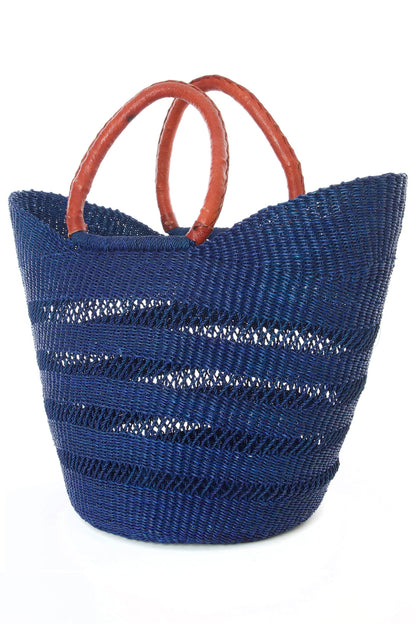 Navy Blue Ghanaian Lacework Wing Shopper with Leather Handles