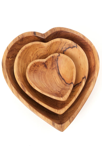 Set of Three Wild Olive Wood Nesting Heart Bowls