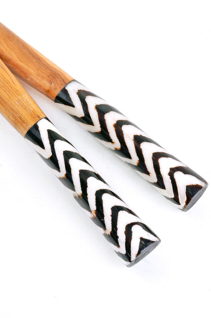 Kenyan Olivewood Salad Servers with Zebra Striped Bone Handles