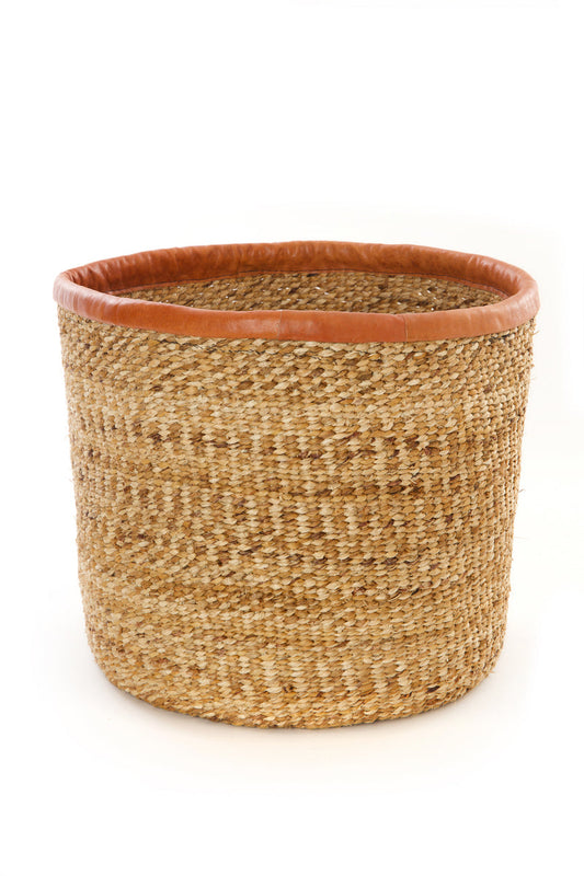 Banana Fiber Bin Basket with Leather Trim