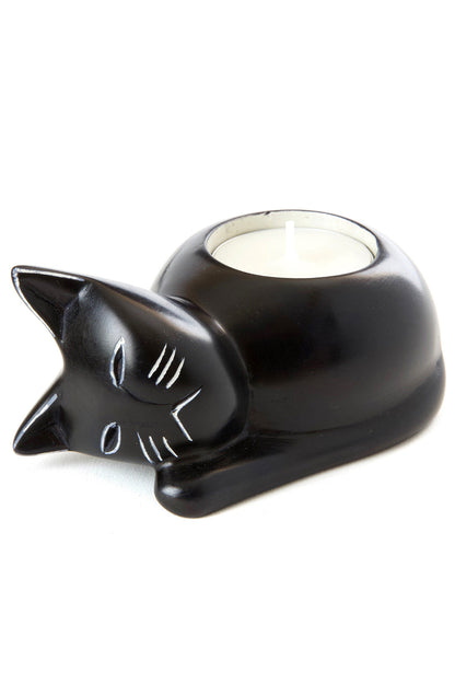 Black Soapstone Cozy Cat Tea Light Candle Holder