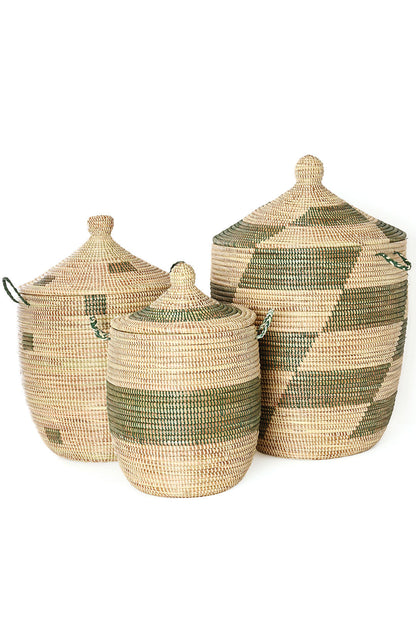 Set of Three Green and Cream Mixed Pattern Hampers